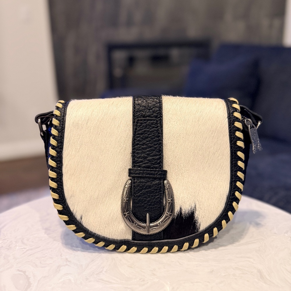 Trinity Ranch Western Hair-On Cowhide Saddle Crossbody Black
